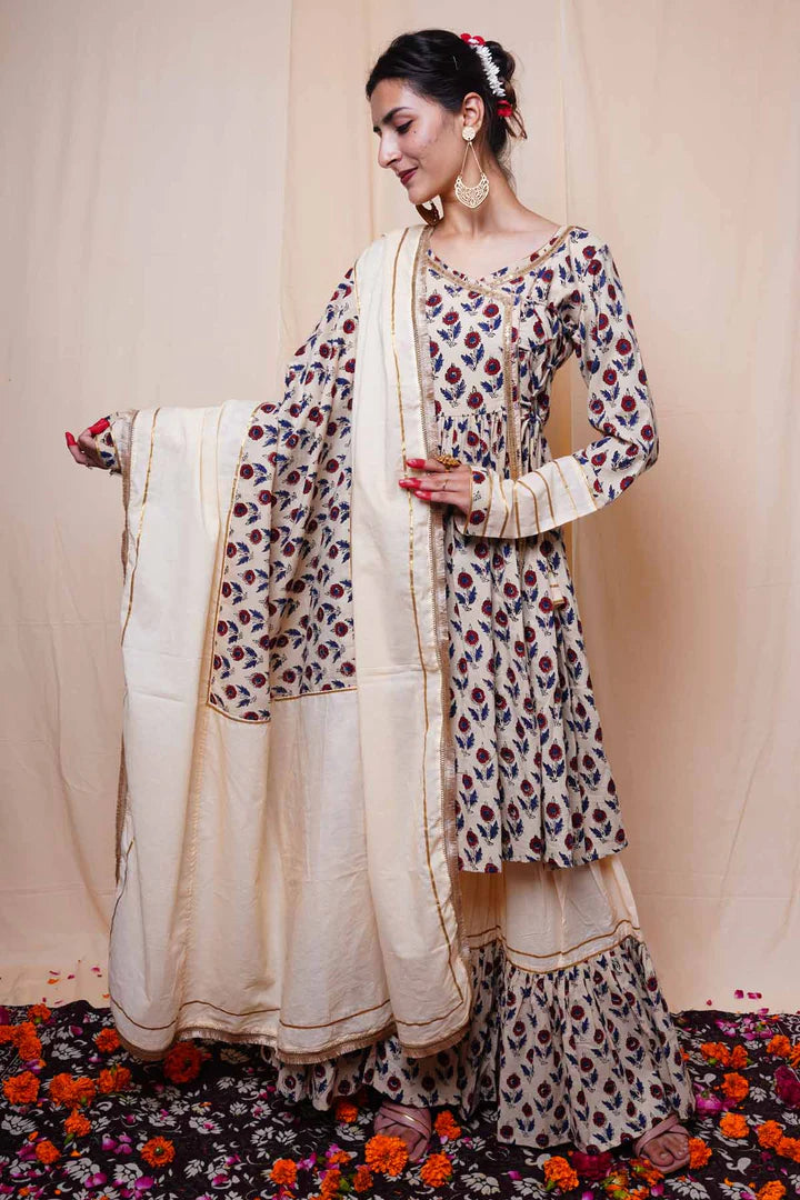 Beige Cotton Print Sharara Set