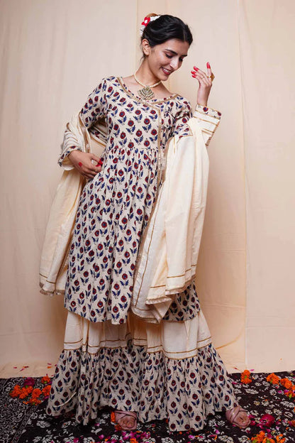 Beige Cotton Print Sharara Set