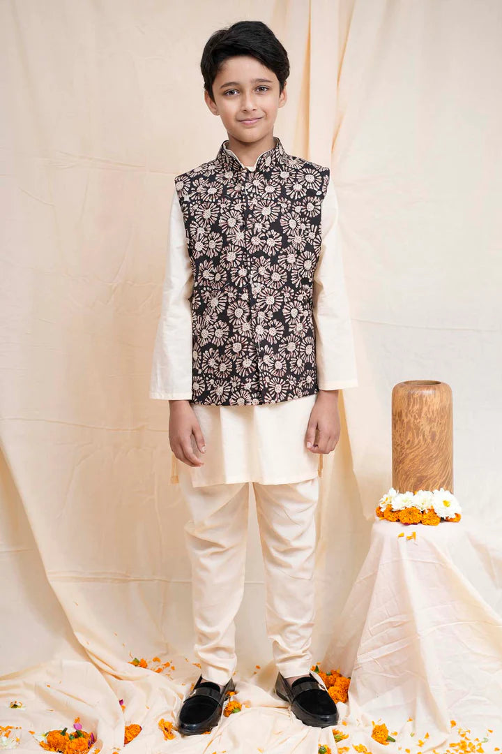 Beige Printed Nehru Jacket Set