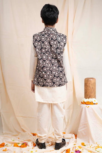 Beige Printed Nehru Jacket Set