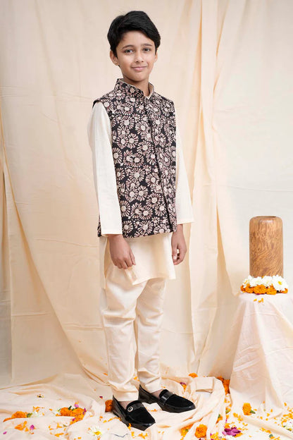 Beige Printed Nehru Jacket Set