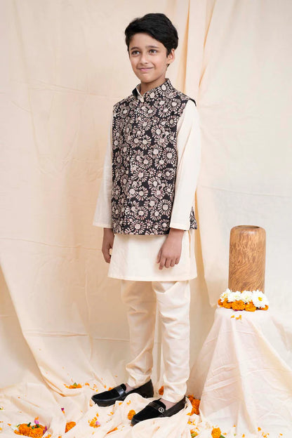 Beige Printed Nehru Jacket Set