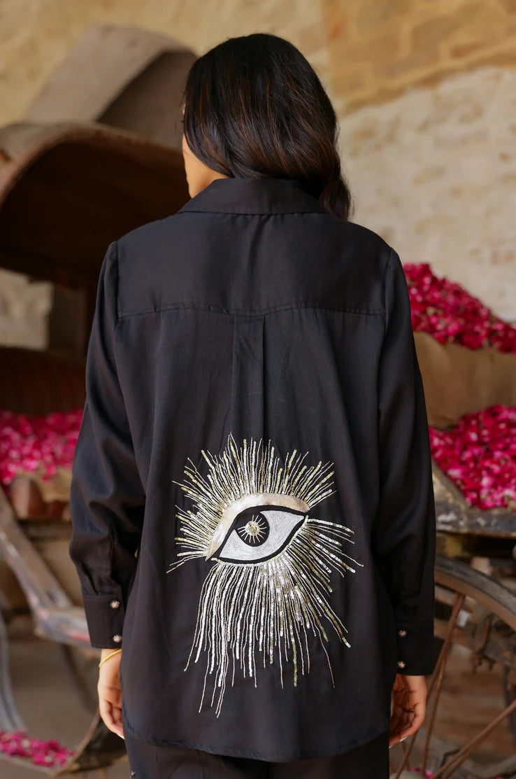 Zoom Black Hand Embroidered Evil Eye Shirt