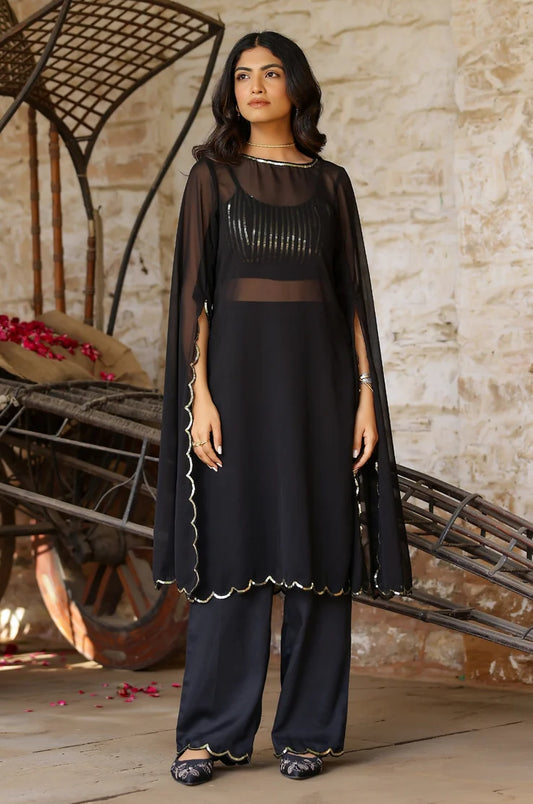 Zoom Black Sequin Detailed Georgette Kurta-Pant Set