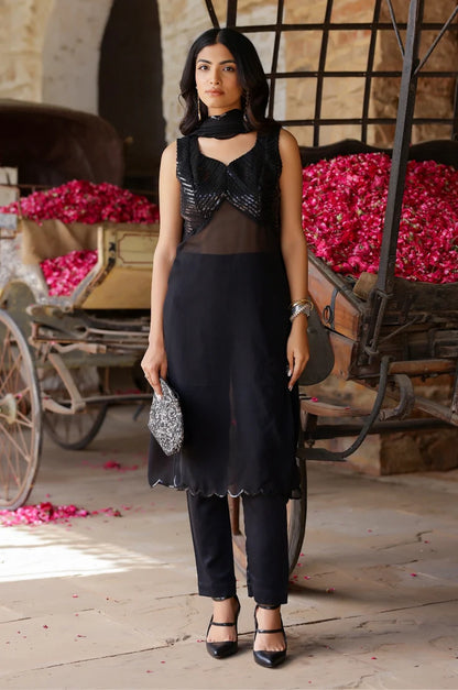 Black Sequin Georgette Kurta-Pant Set