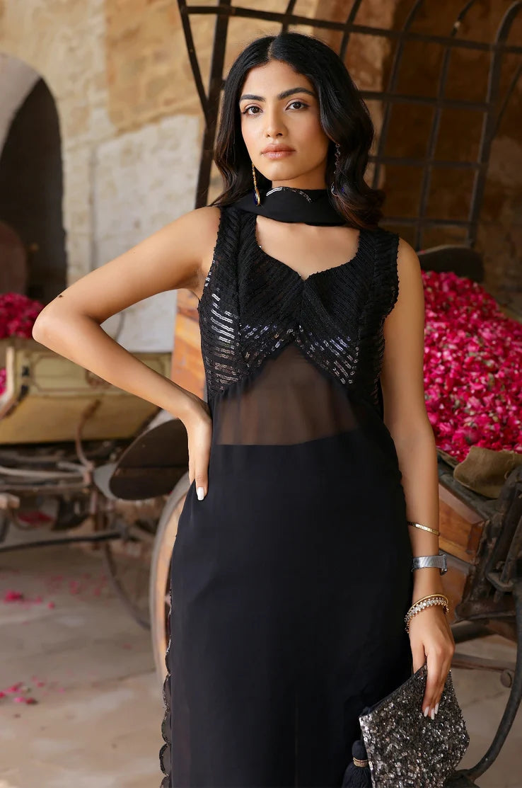 Black Sequin Georgette Kurta-Pant Set