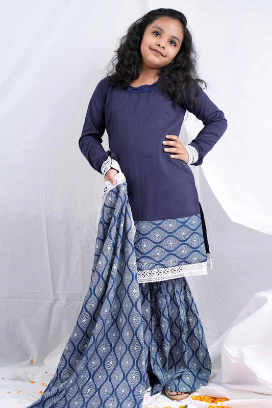 Blue Embellished Lace Kurta Set