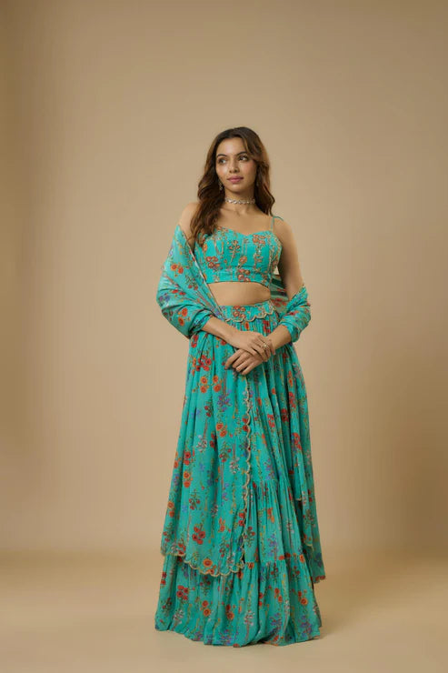 Blue Floral Lehenga Set