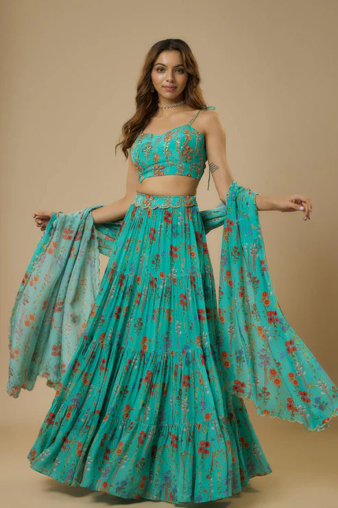 Blue Floral Lehenga Set