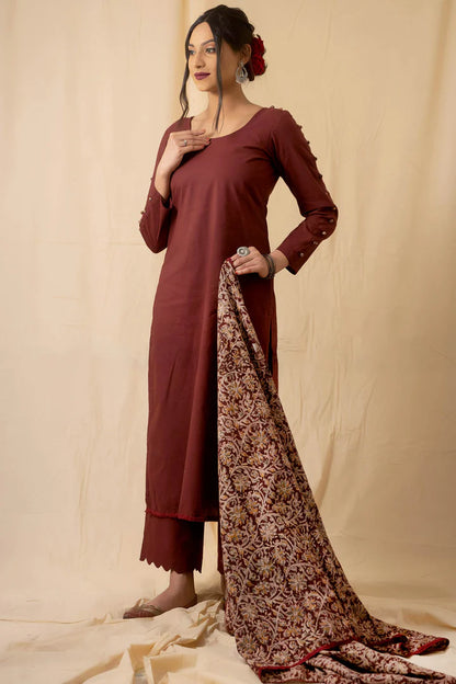 Brown Kalamkari Print Kurta Set