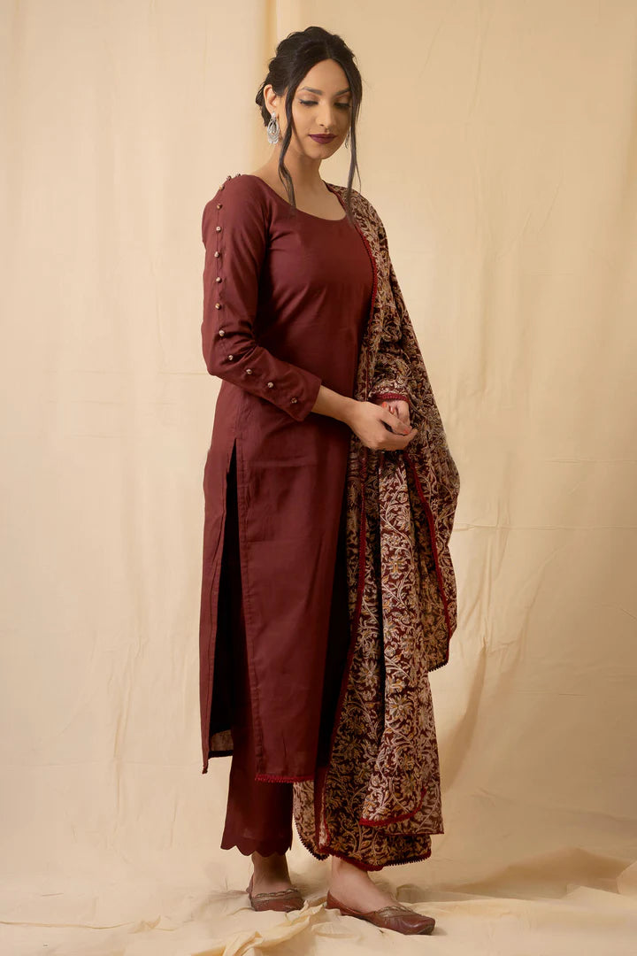 Brown Kalamkari Print Kurta Set