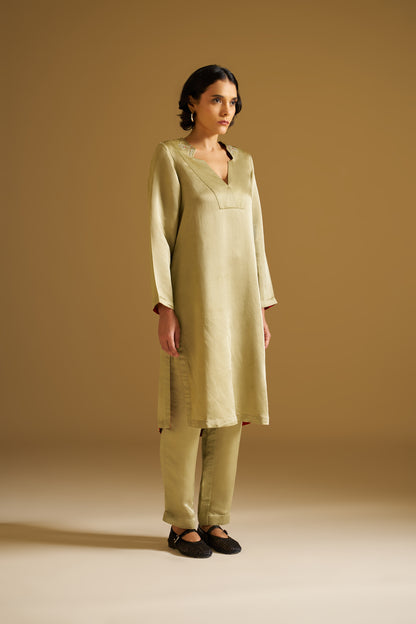 OLIVE PISTACHIO GREEN EMBROIDERED KURTA WITH PANTS