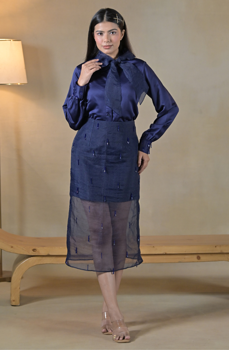 Navy Blue Embroidered Skirt Set