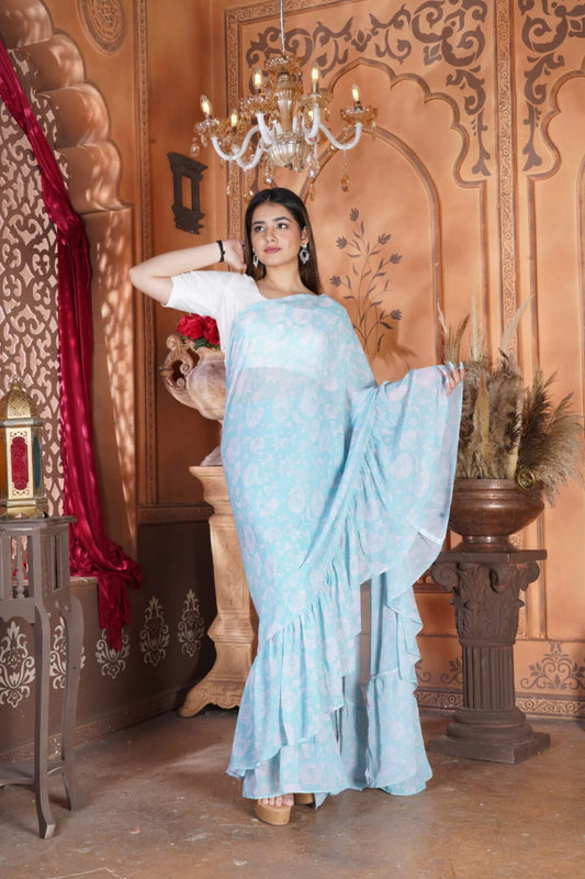 Light Blue Semi Stitched Saree