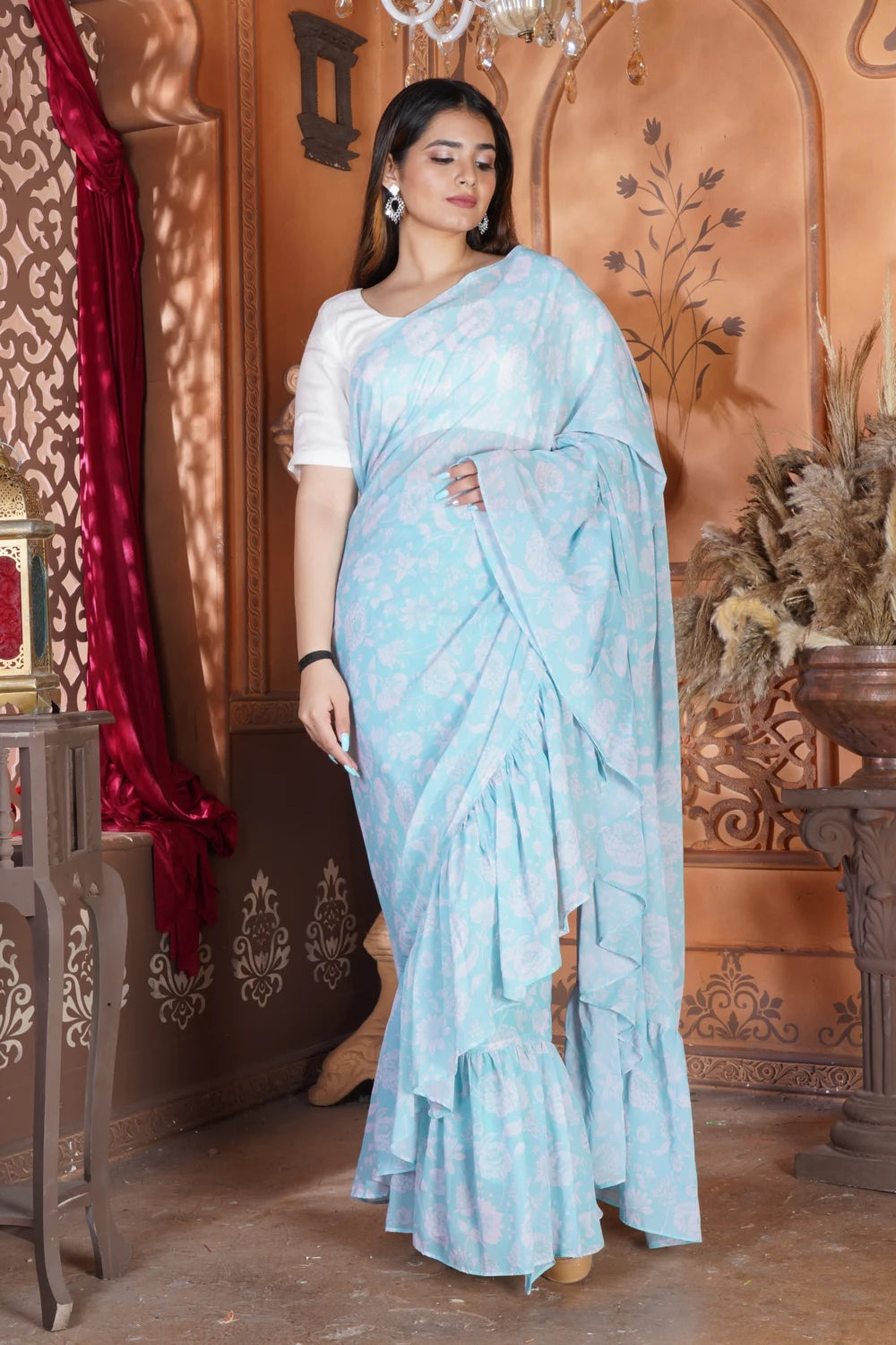 Light Blue Semi Stitched Saree