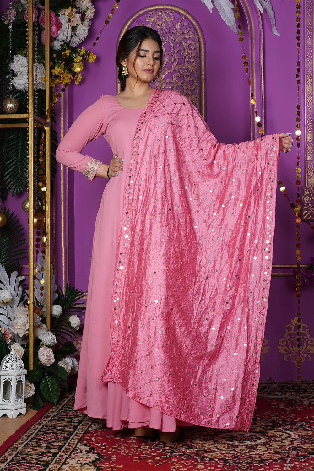 Pink Gown with Mirror Work Dupatta