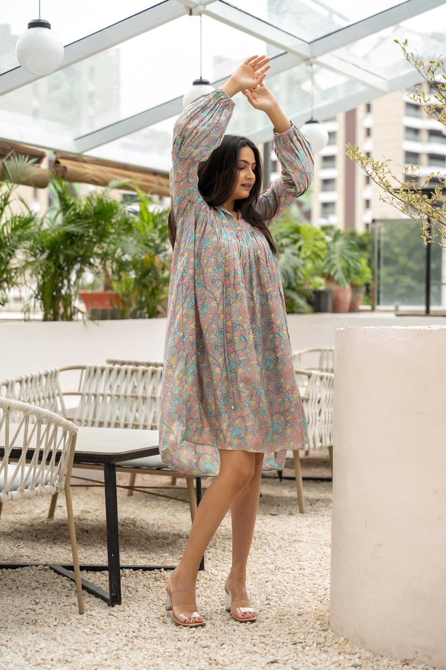 TURQUOISE FLORAL PRINTED SHORT DRESS