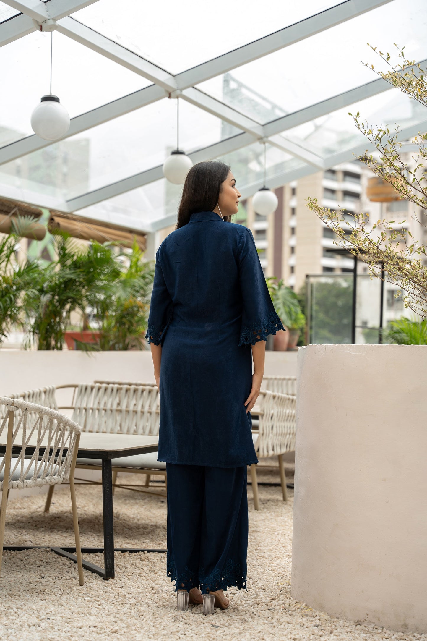 NAVY CUT WORK TUNIC AND BOTTOM SET