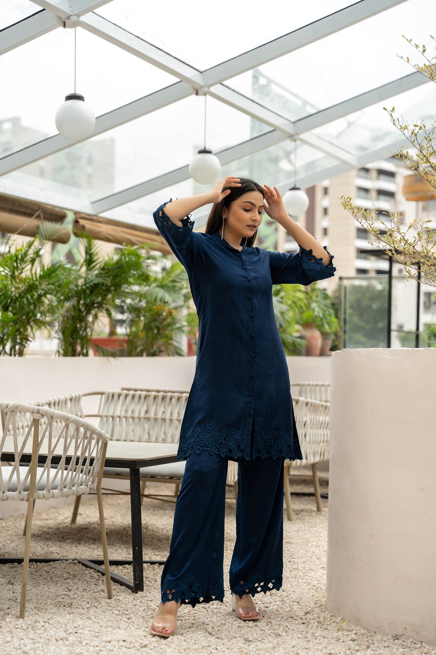 NAVY CUT WORK TUNIC AND BOTTOM SET