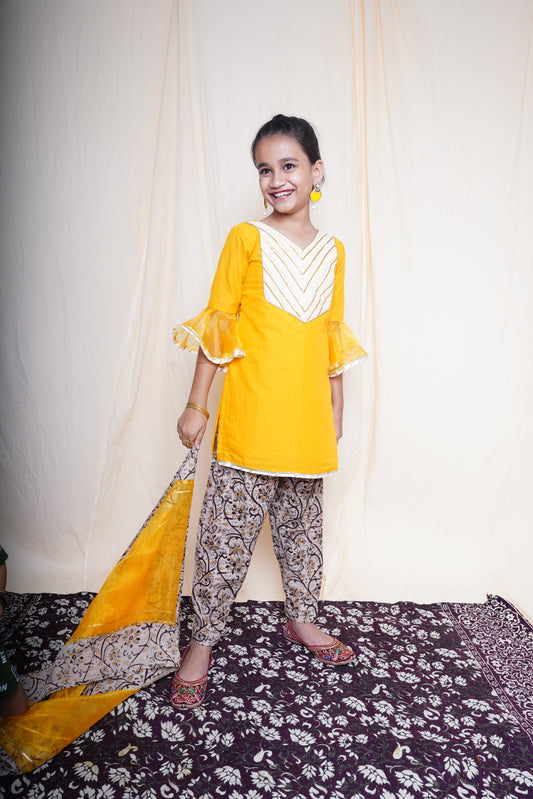 Mustard Printed Short Kurta Set