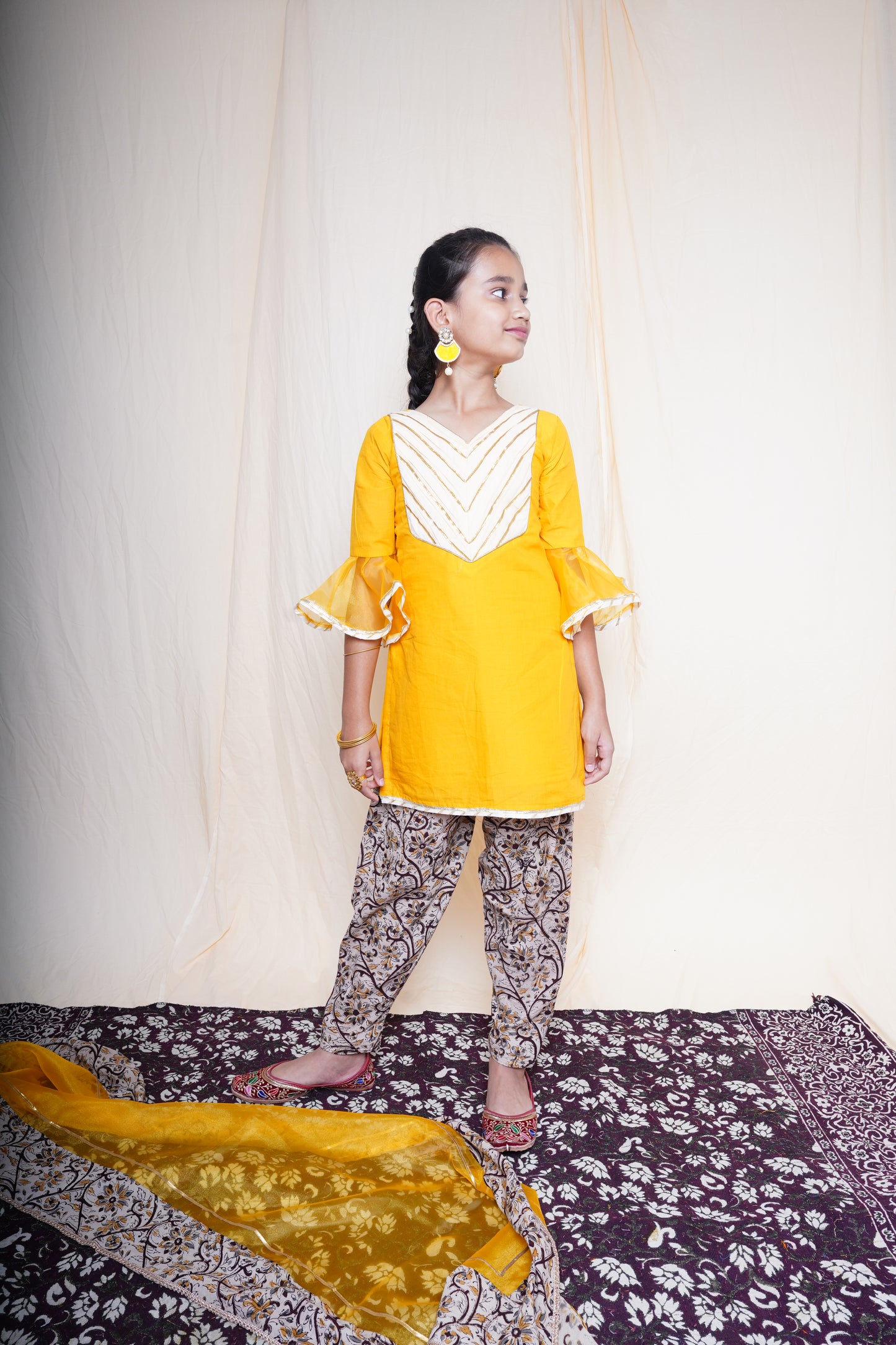 Mustard Printed Short Kurta Set