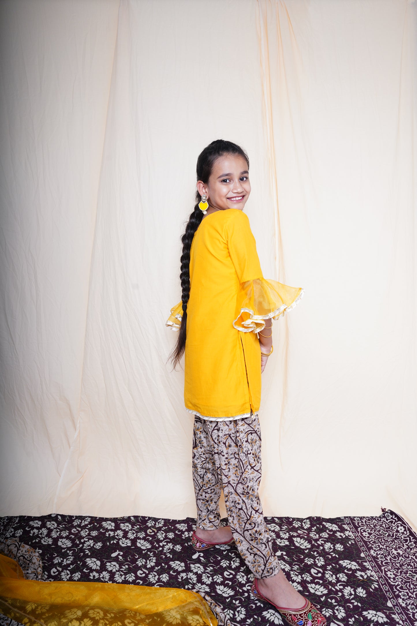 Mustard Printed Short Kurta Set