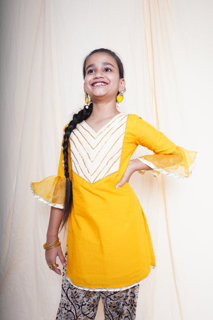 Mustard Printed Short Kurta Set