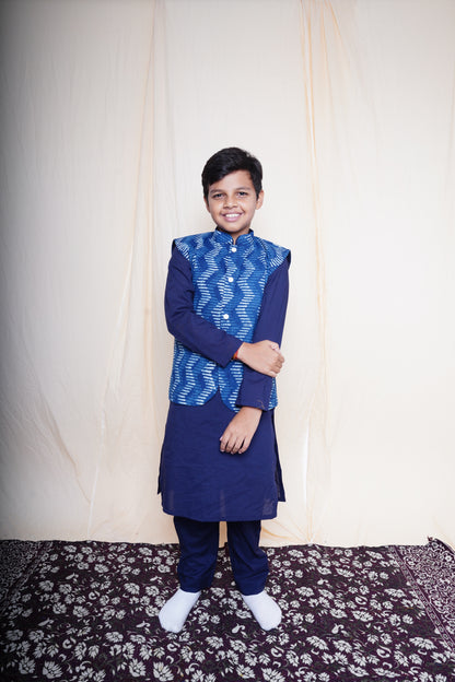 Blue Printed Nehru Jacket Set