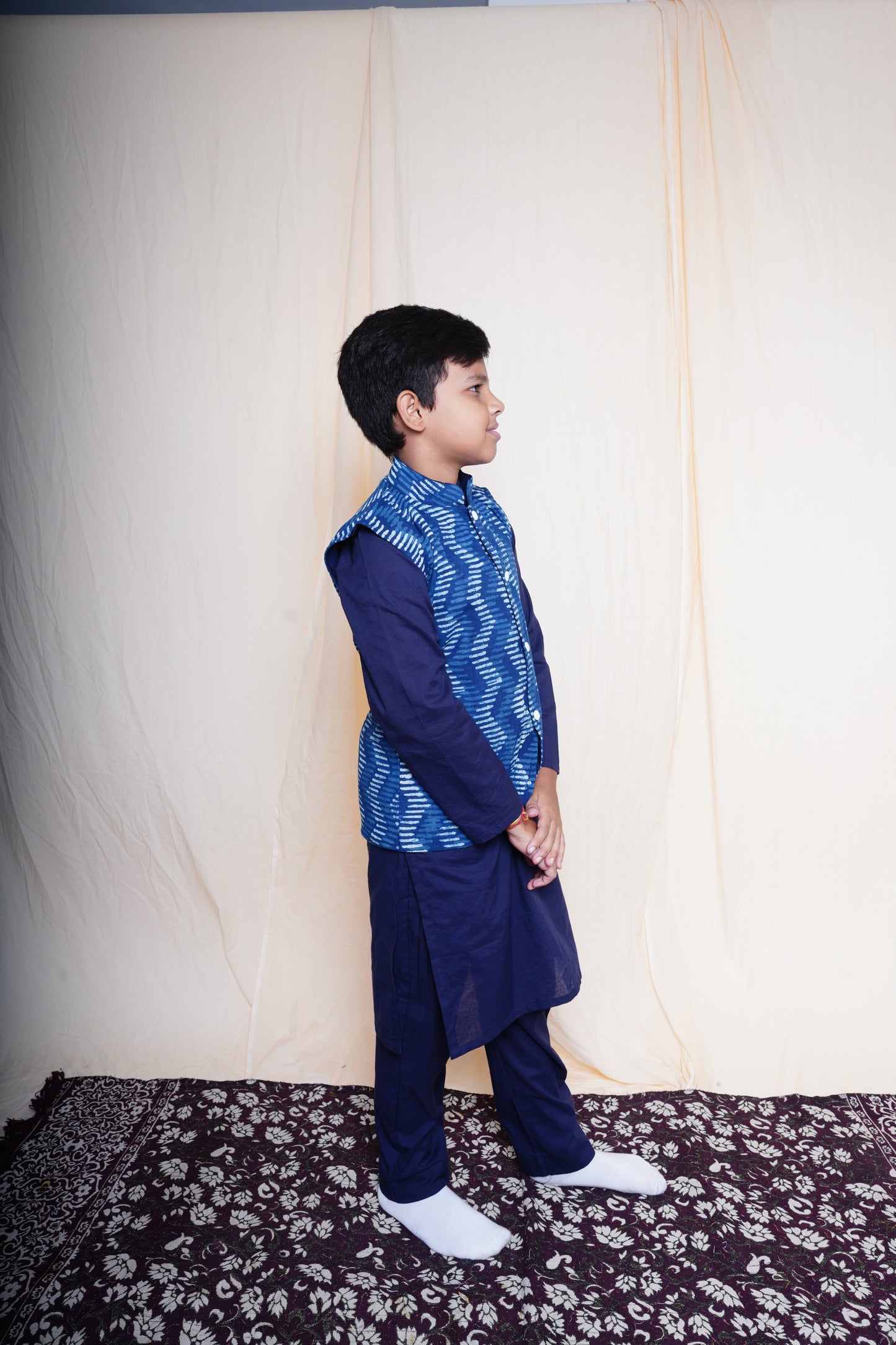 Blue Printed Nehru Jacket Set