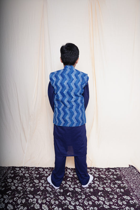 Blue Printed Nehru Jacket Set