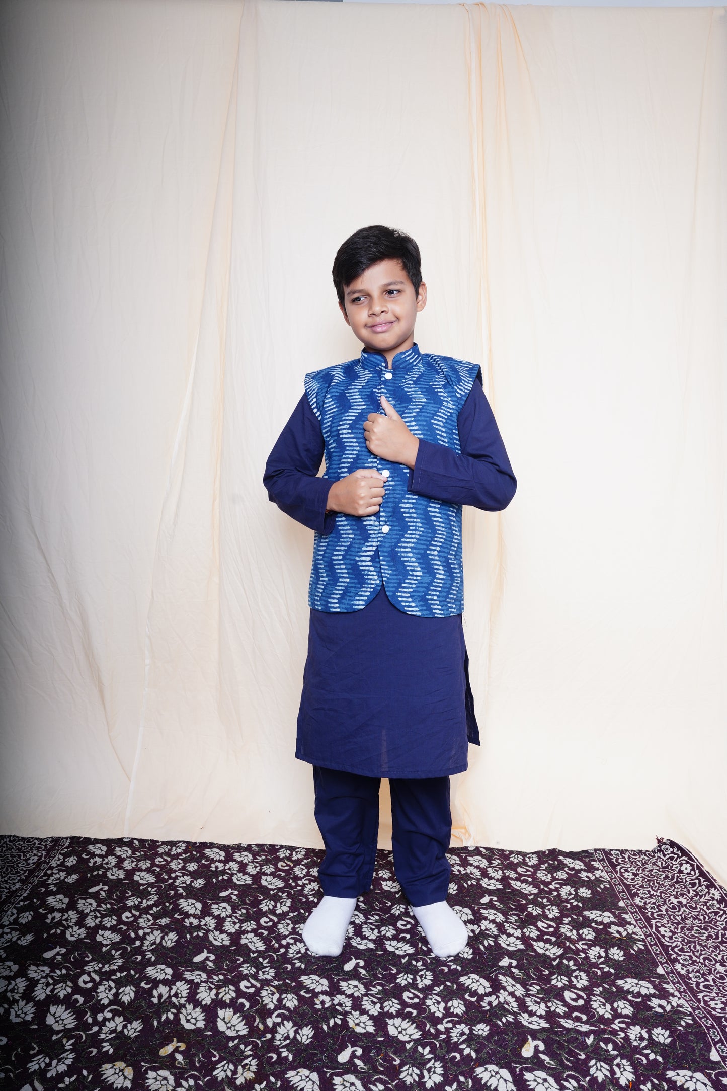 Blue Printed Nehru Jacket Set