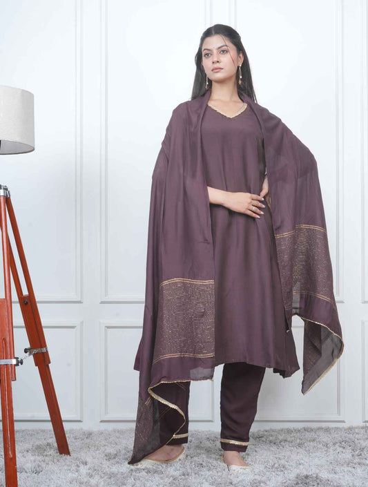 BROWN KALI KURTA SET WITH FIDA DUPATTA