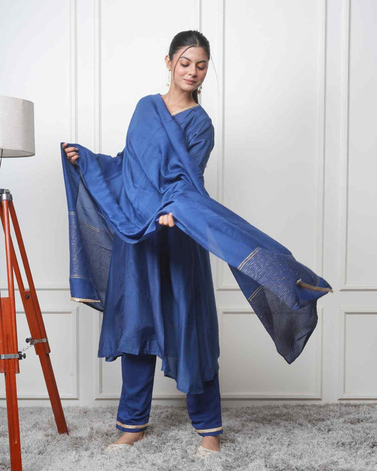 NAVY KALI KURTA SET WITH FIDA DUPATTA