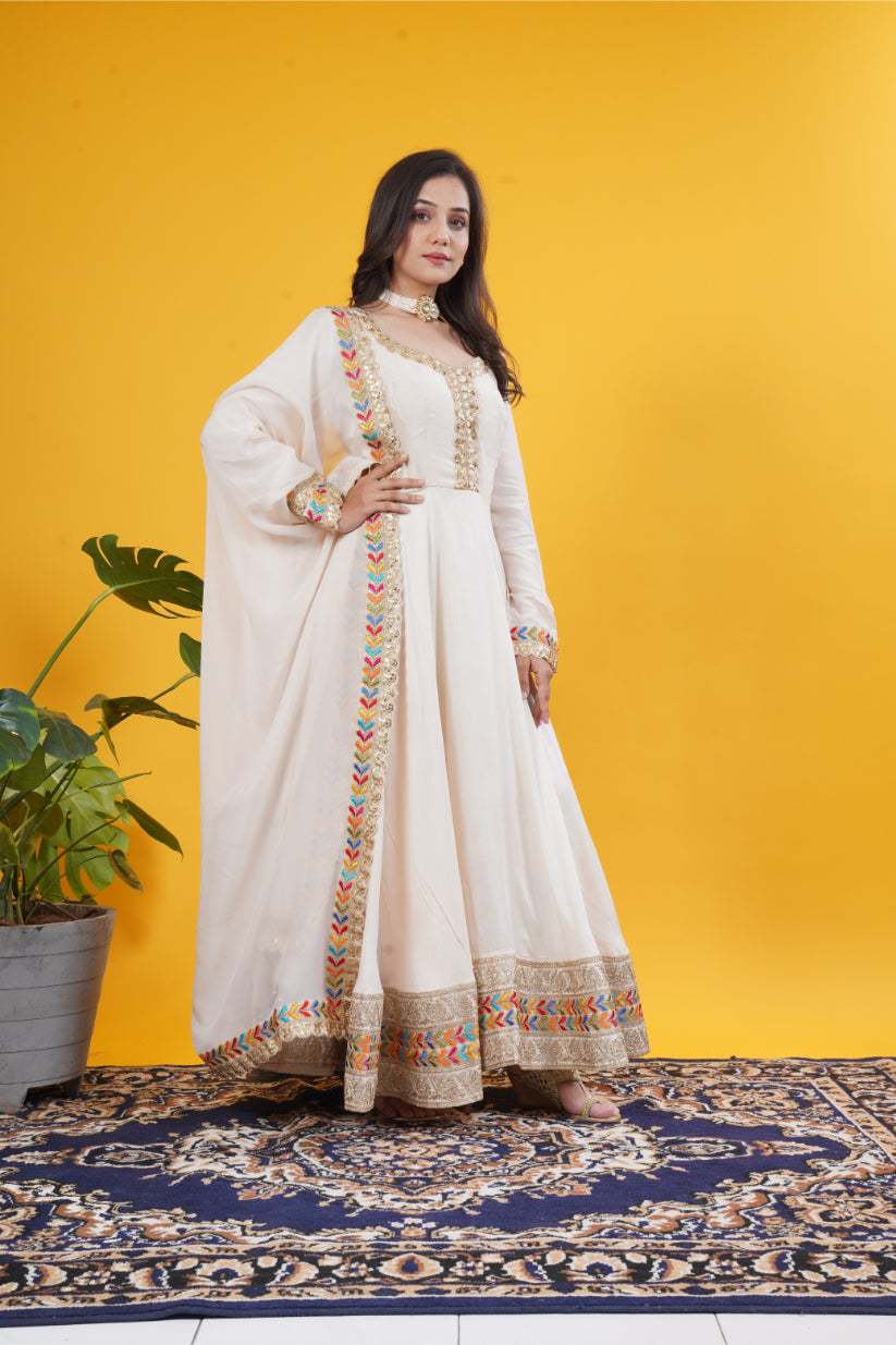 Ivory Russian Silk Gown with Multi-Color Layered Laces & Soft Organza Dupatta