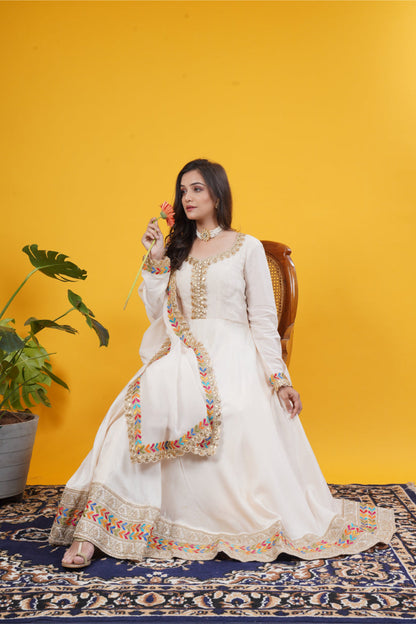Ivory Russian Silk Gown with Multi-Color Layered Laces & Soft Organza Dupatta
