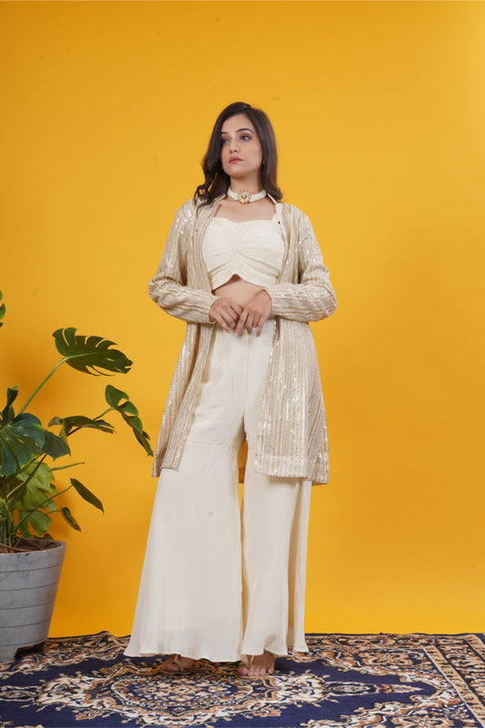 Ivory Gold Sequin Embellished Crepe Jacket Set