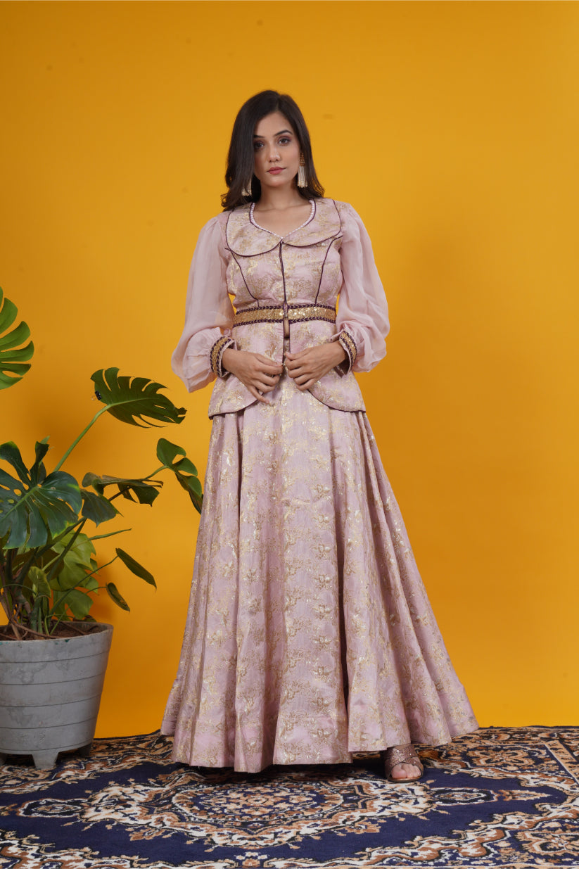 Onion Pink Banarasi Brocade Jacket & Skirt Set