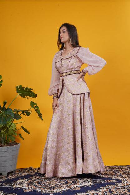 Onion Pink Banarasi Brocade Jacket & Skirt Set