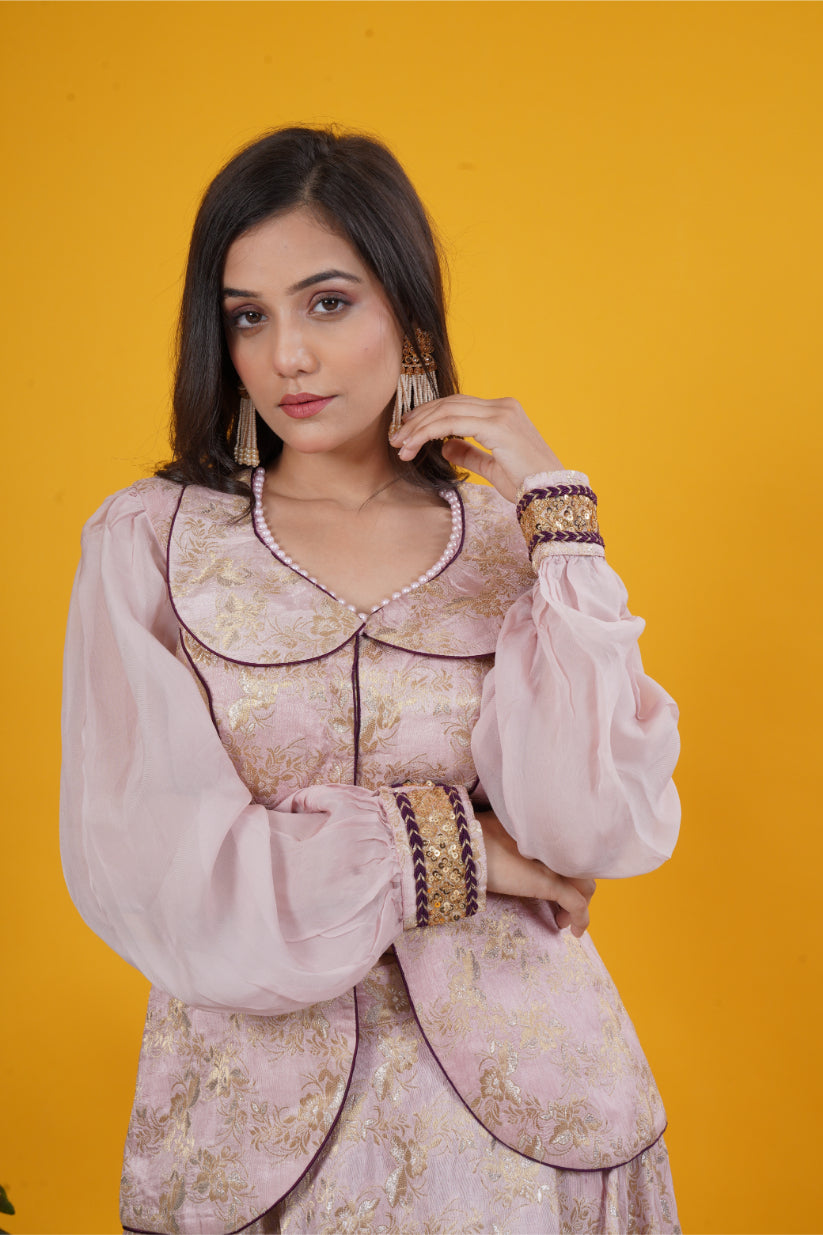 Onion Pink Banarasi Brocade Jacket & Skirt Set