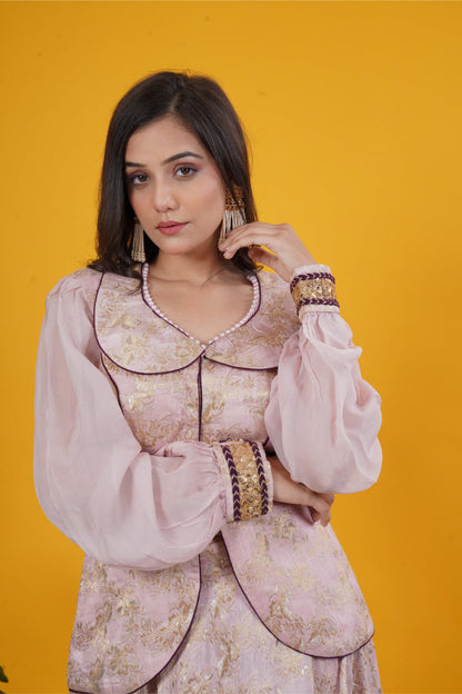 Onion Pink Banarasi Brocade Jacket & Skirt Set