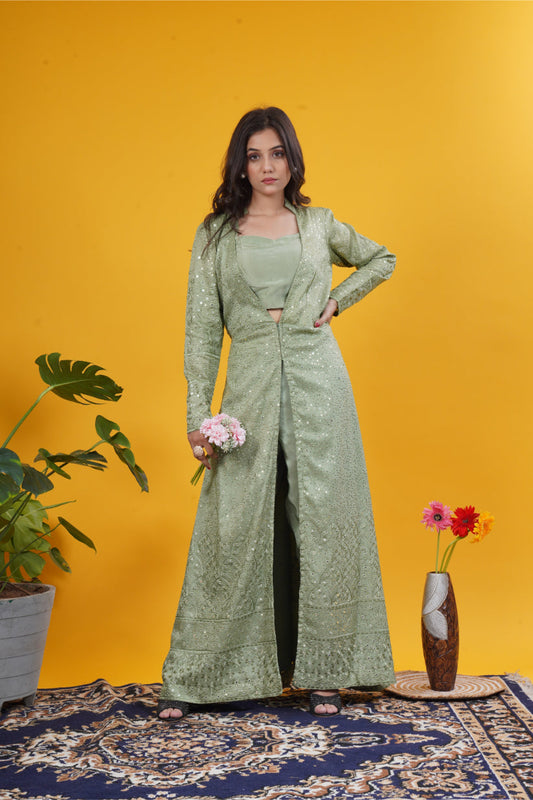 Olive Green Mirror Work Upada Silk Long Jacket Set with blouse and tailored pants