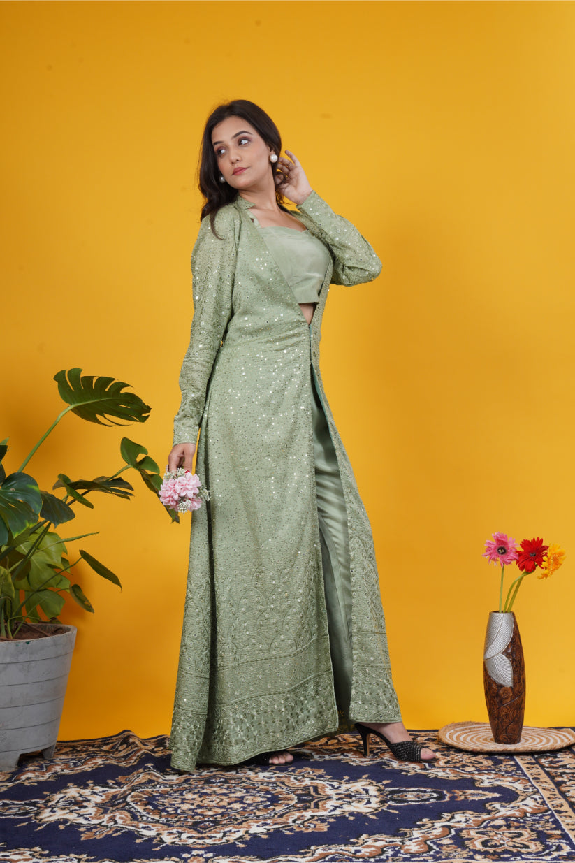 Olive Green Mirror Work Upada Silk Long Jacket Set with blouse and tailored pants