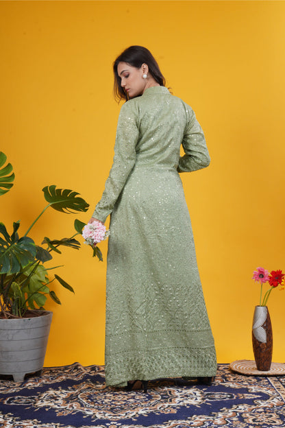 Olive Green Mirror Work Upada Silk Long Jacket Set with blouse and tailored pants