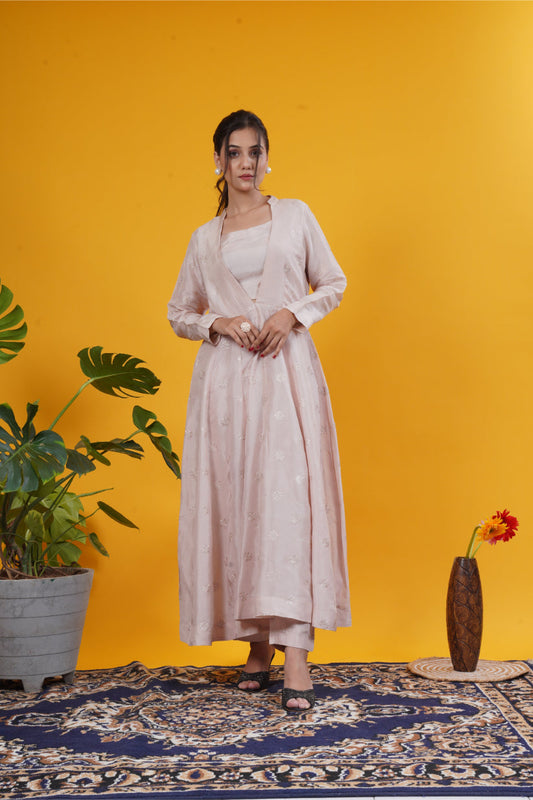 Light Brown & Peach Pink High-Slit Jacket Set