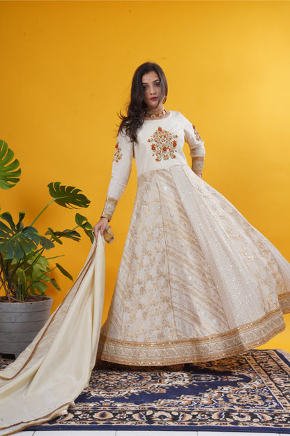 Ivory Multi-Kali Gown with Sequin, Brocade & Patchwork Detailing