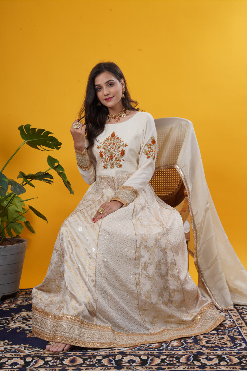 Ivory Multi-Kali Gown with Sequin, Brocade & Patchwork Detailing