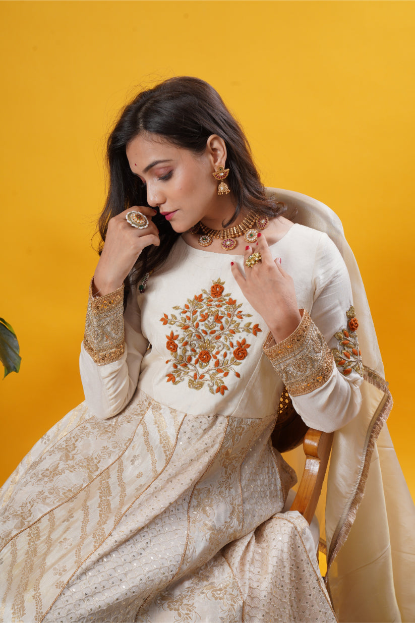 Ivory Multi-Kali Gown with Sequin, Brocade & Patchwork Detailing