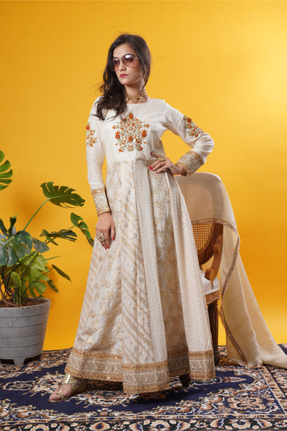Ivory Multi-Kali Gown with Sequin, Brocade & Patchwork Detailing