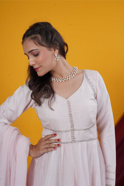 Baby Pink Double Yoke Handwork Kali Gown