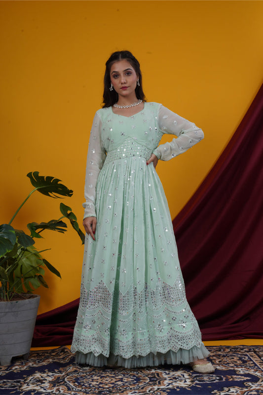 Pista Green Mirror Work Double Yoke Gown Set
